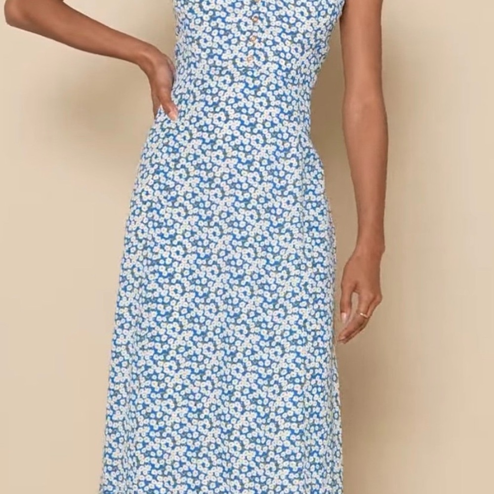 Lulu's Darling Daisies Blue Ditzy Floral  Midi Dress  Sz L